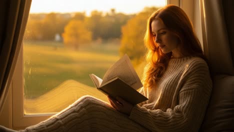 woman reading a book by a window during golden hour