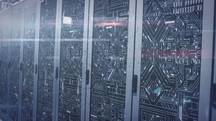 Animation of shapes and light spots over server room
