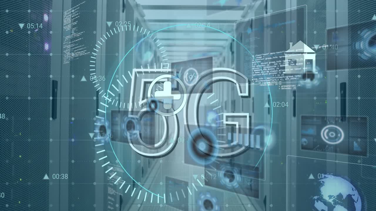 animación de banner de texto 5g, iconos digitales y procesamiento de datos contra la sala de servidores de computadora