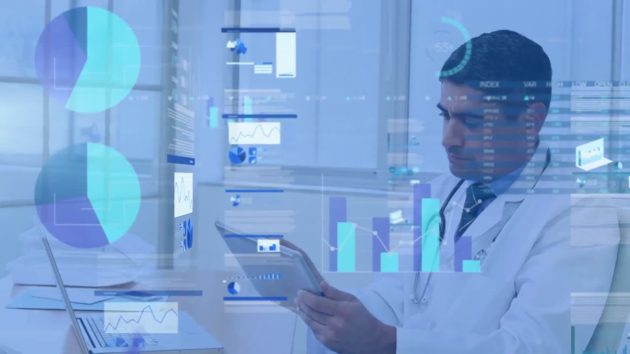 animación del procesamiento de datos estadísticos sobre un médico masculino biracial usando una tableta digital en el hospital.