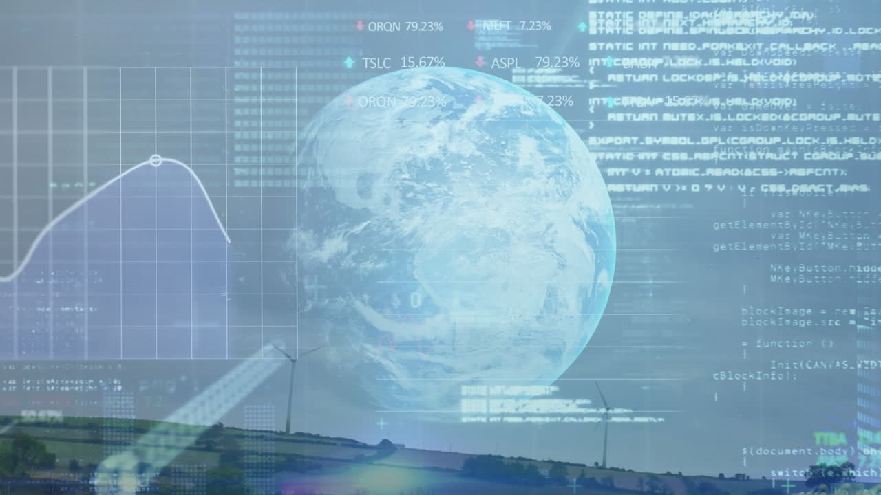 Animation of financial data processing over wind turbine
