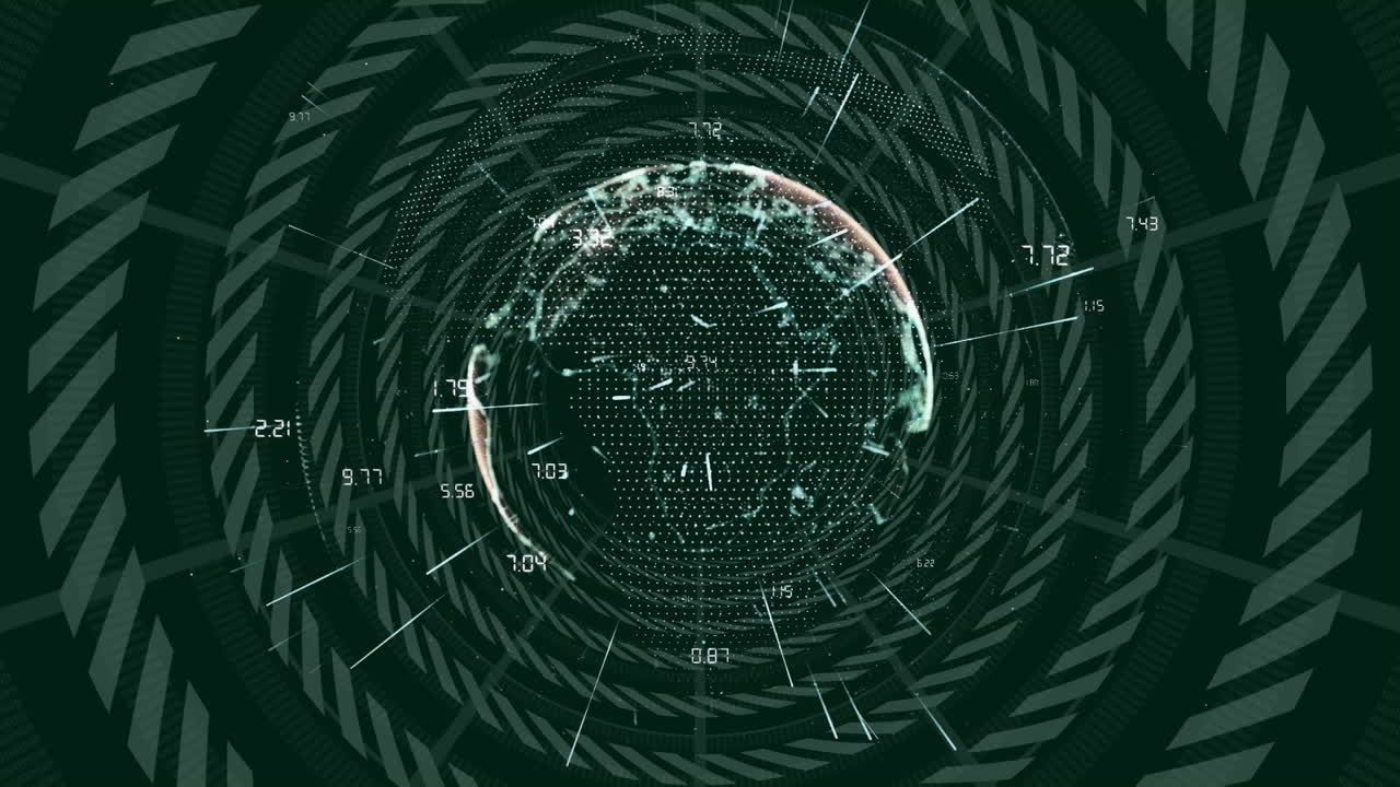 Animation of data processing and globe with network of connections on black background