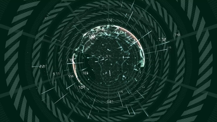 Animation of data processing and globe with network of connections on black background