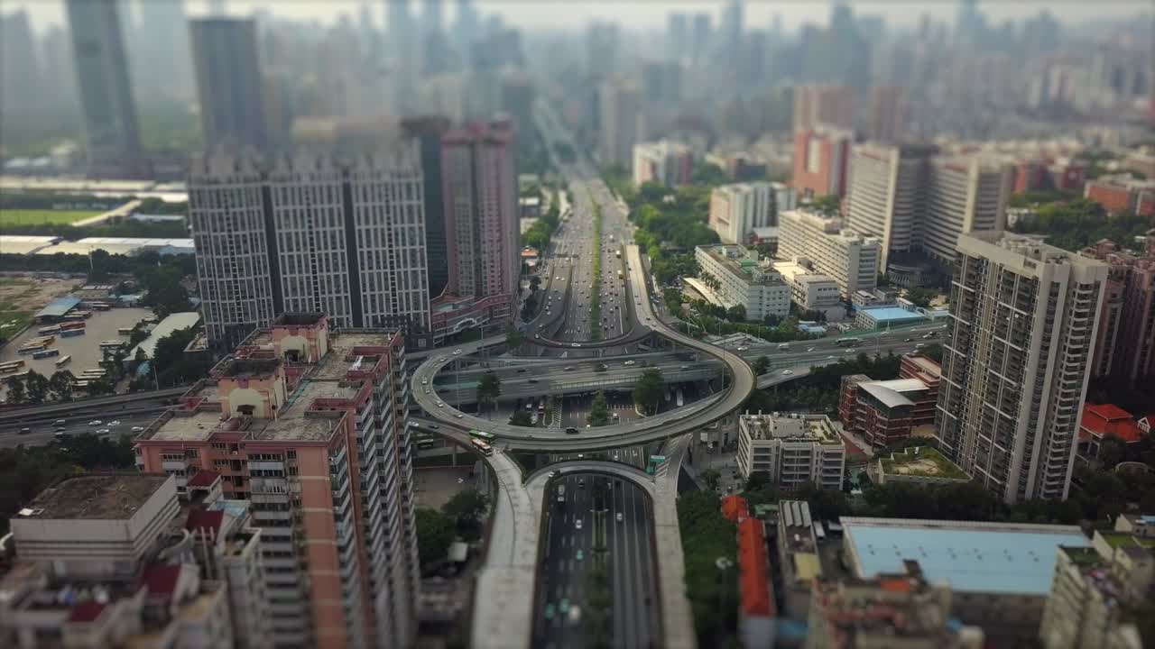 evening guangzhou city traffic road junction aerial panorama tilt-shift 4k china