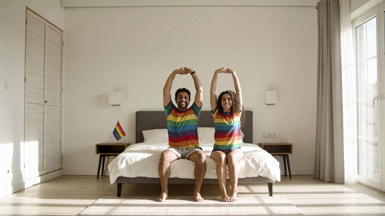 Casal com blusas arco-íris alongando-se lateralmente com as mãos entrelaçadas acima da cabeça em um quarto iluminado, com bandeira do orgulho.