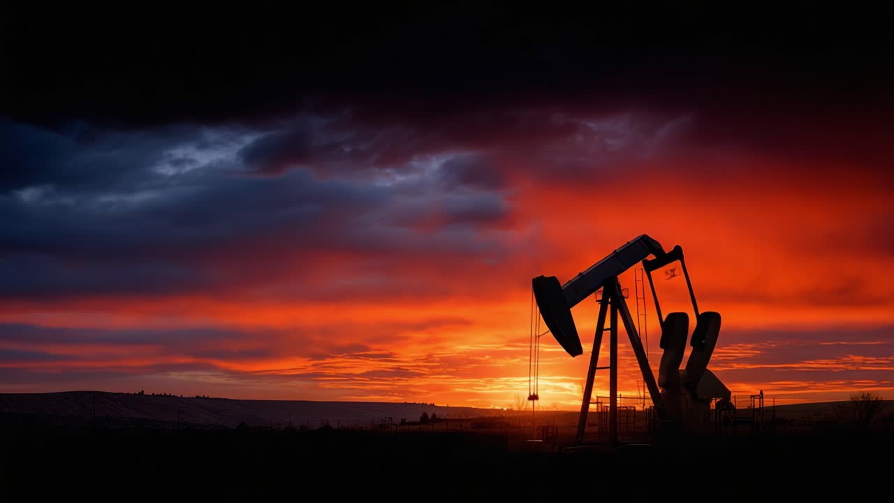 Tramonto drammatico su una silhouette di pompa petrolifera contro un cielo vibrante, che cattura il contrasto tra industria e natura in una sorprendente narrazione visiva