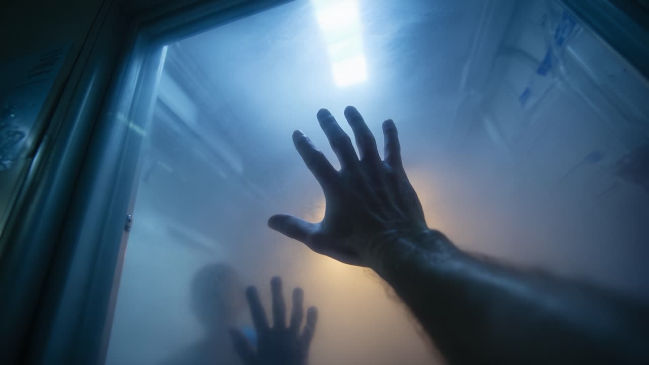 A Mysterious Encounter Beyond the Pane: A Hand Reaches Out Through Fogged Glass, Signifying Urgency and Connection in an Enigmatic Atmosphere of Uncertainty and Anticipation