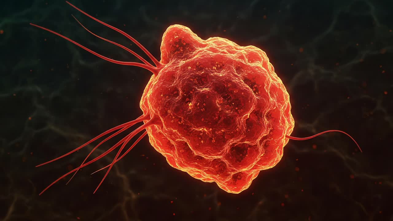 Microscopic View of a Vibrant Cell with Threadlike Protrusions Captured in Two Distinct Frames, Highlighting Its Unique Structure and Dynamic Characteristics