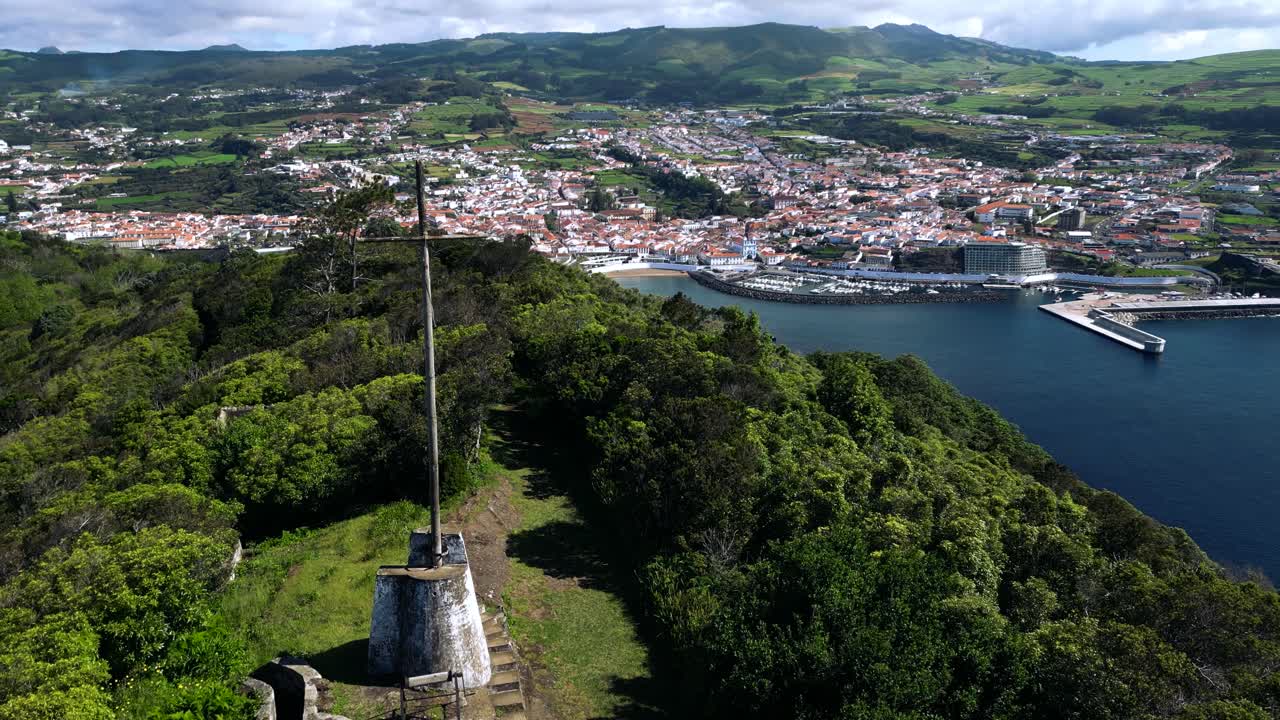 Aerial of Pico do Facho and Angra do Heroísmo, Terceira island, Azores