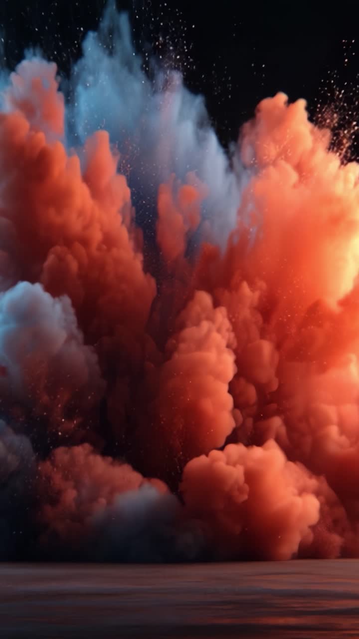Spectacular Eruption of Colorful Smoke and Dust Clouds: A Visual Symphony of Orange and Blue Explosions in an Energetic Display of Natural Forces