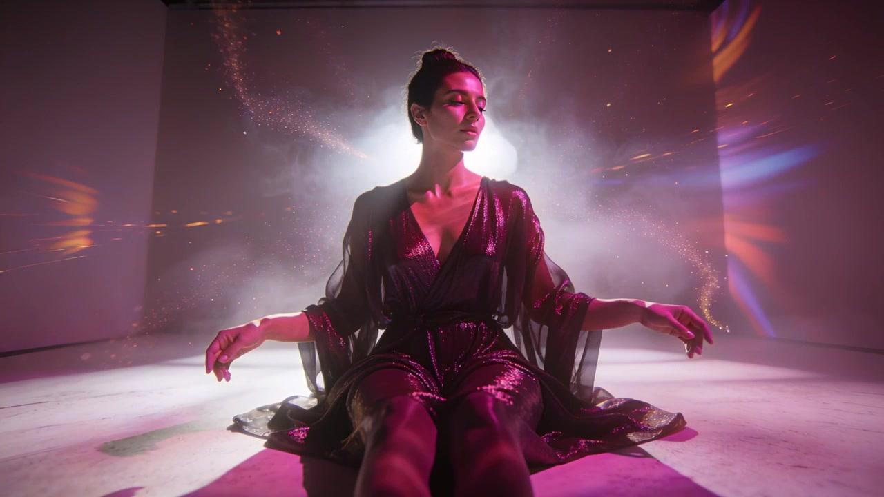 Backlight rising, woman in robe lifting and extending arms in studio, making light trails in haze