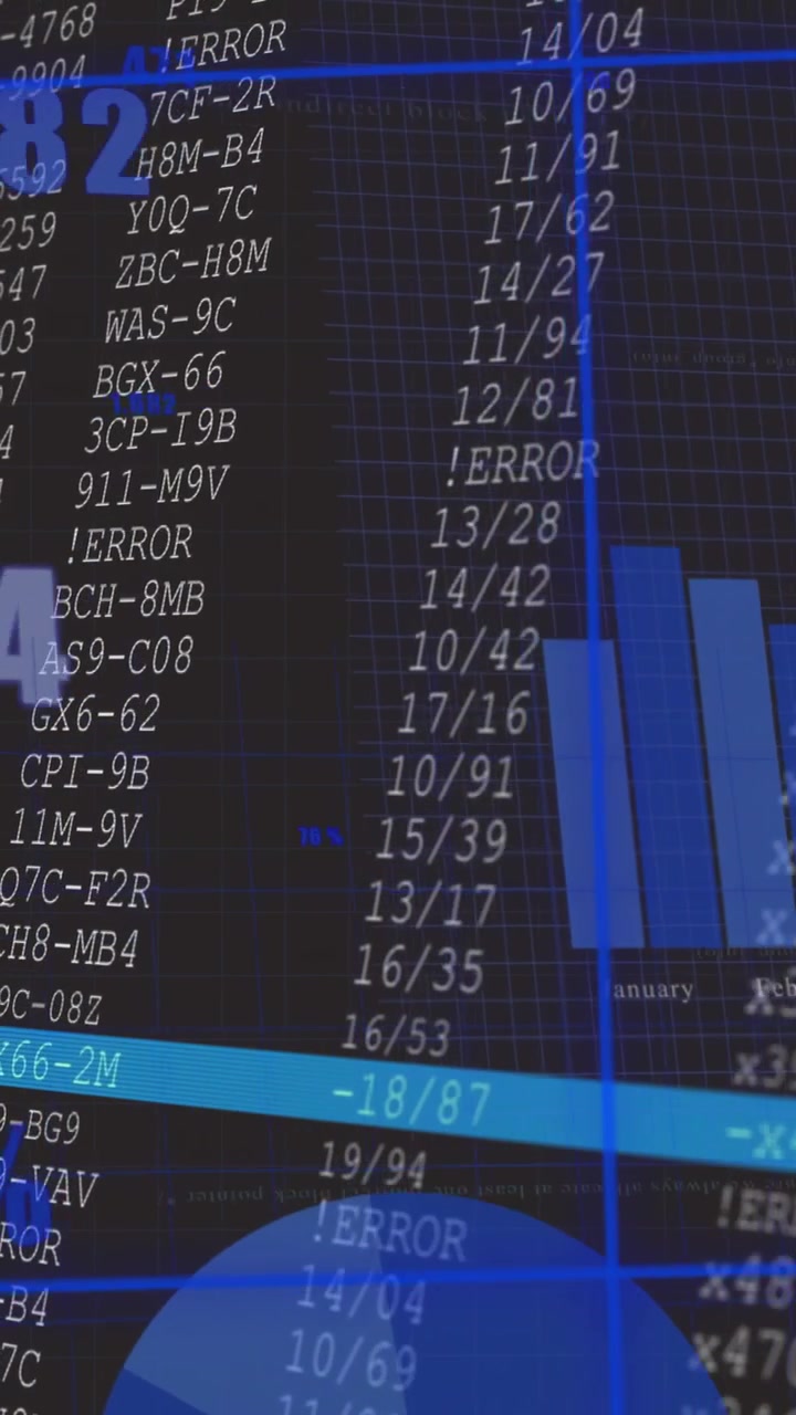 Video vertical: Línea de escaneo de neón cruzando la pantalla, fila deslizante de UI de datos, revelando códigos y gráficos para operaciones.