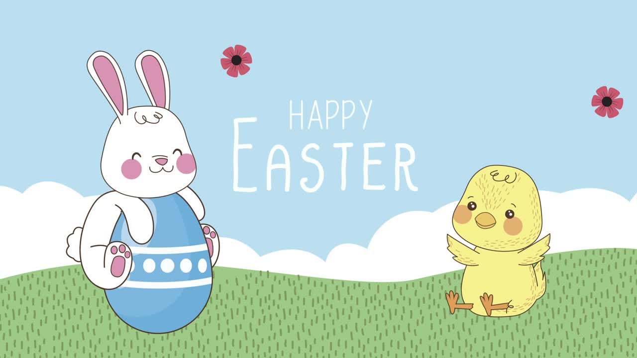 happy easter lettering with rabbit and chick in camp