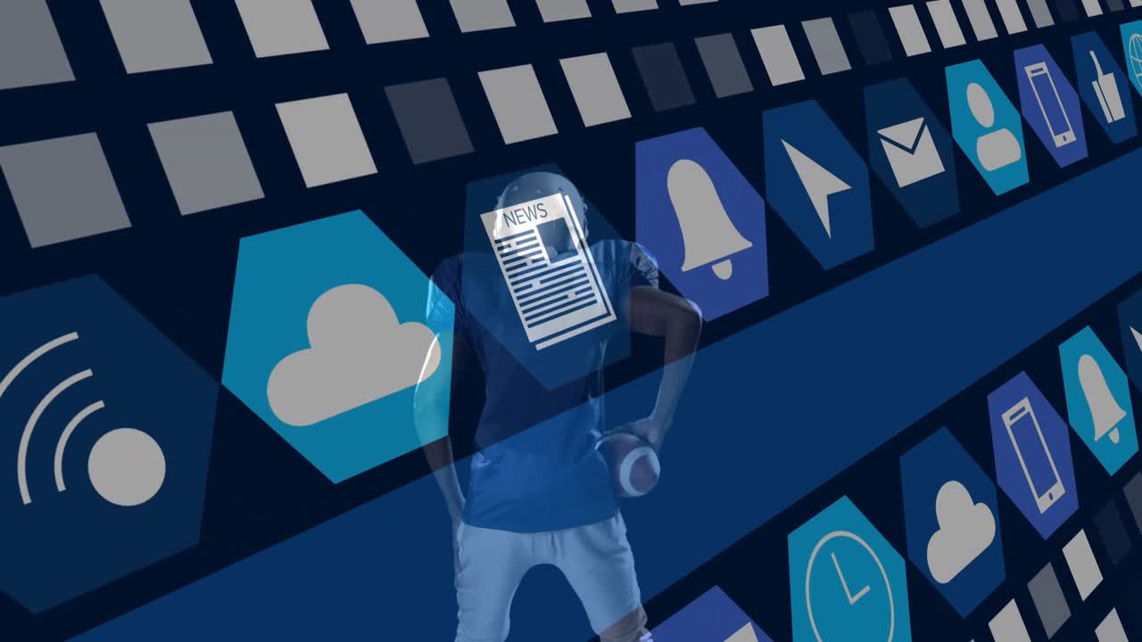 Man holding football and tapping floating icons then adjusting headphones for navigating tech UI