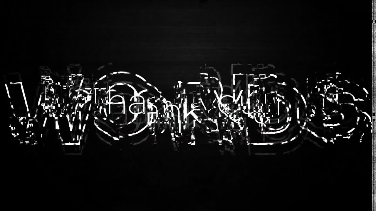 animación de palabras gracias con glitch parpadeando sobre fondo negro