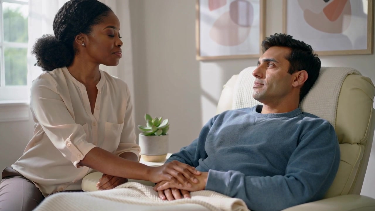 Placing hands on partner's lap, woman in light blouse offering reassurance at home, with recliner