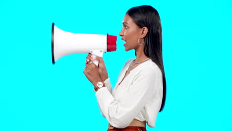 Megaphone,-protest-and-voice-of-woman-isolated