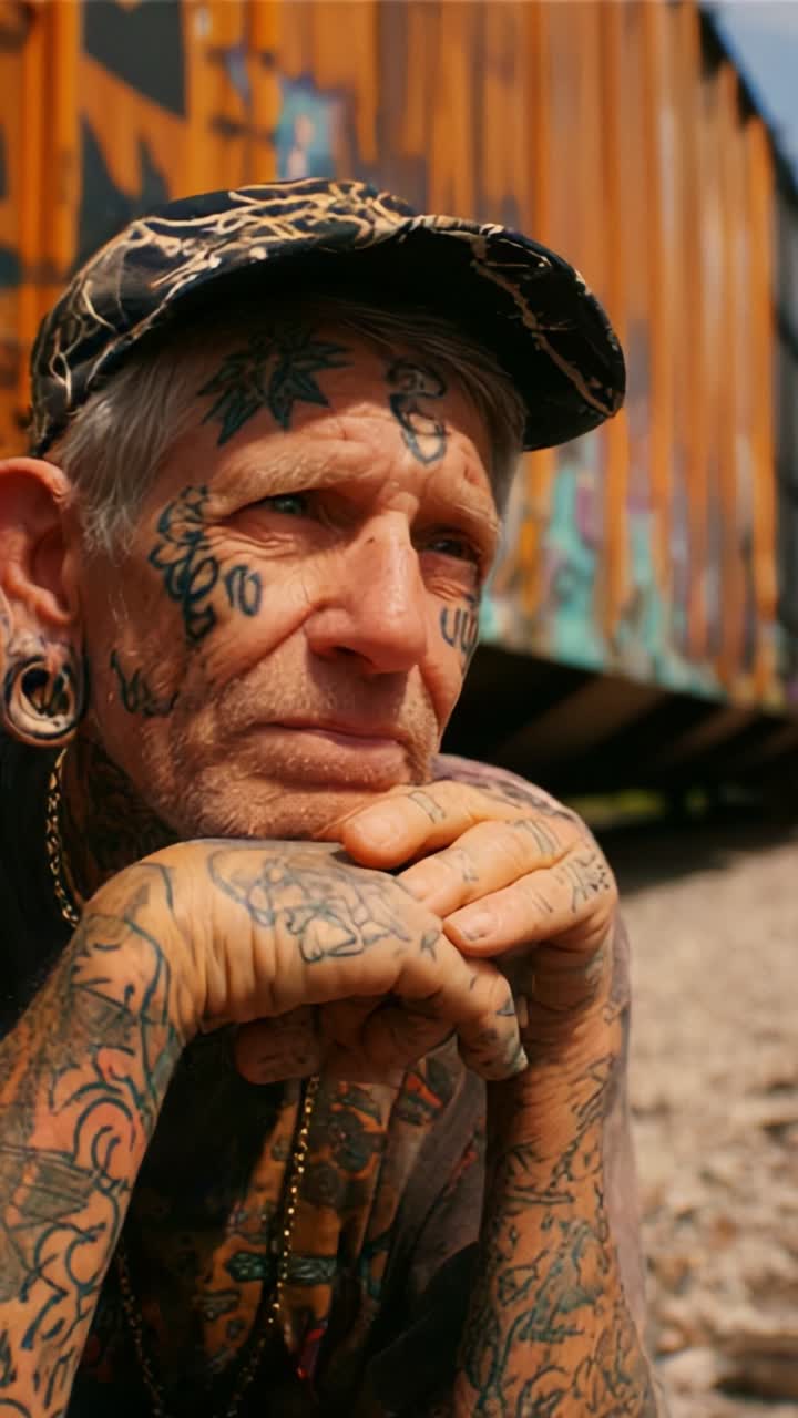 Reflective Portrait of an Elderly Individual with Intricate Tattoos and Unique Hat, Set Against a Colorful Train Background, Capturing a Moment of Contemplation