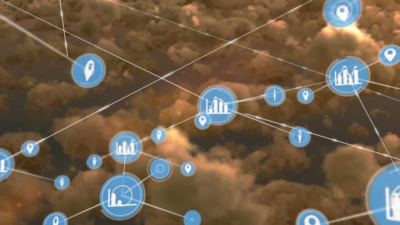 redes de conexiones con iconos sobre un cielo nublado
