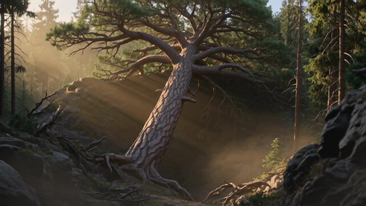 La telecamera si allontana, la luce si intensifica rivelando un pino inclinato sul pendio della foresta, con i raggi del sole che illuminano le radici.