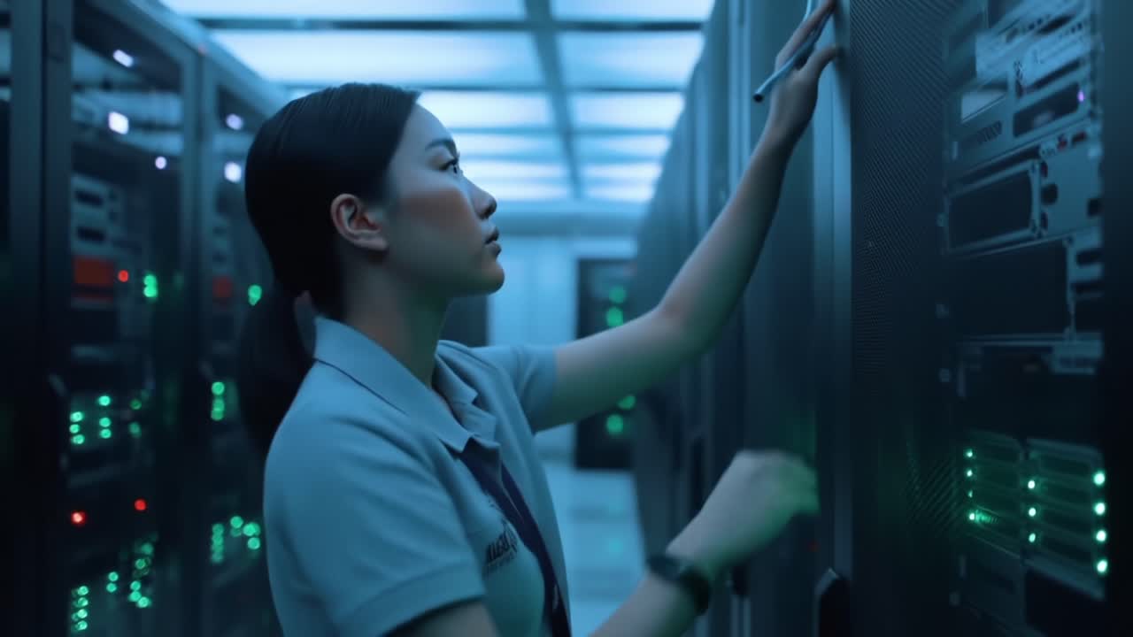 A technician meticulously examines server racks in a futuristic data center, ensuring optimal performance and security of critical digital infrastructure