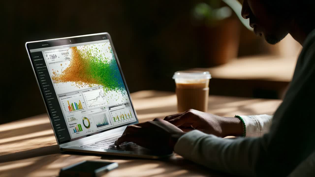 Exploring Data Visualization: An Engaged Individual Analyzing Complex Graphical Representations on a Laptop While Enjoying a Beverage in a Warm, Inviting Environment