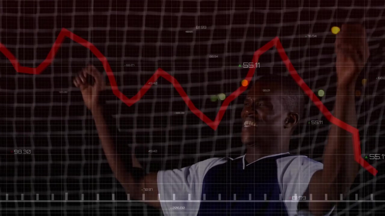 Soccer Player Heading Ball into Goal with Digital Data Overlay