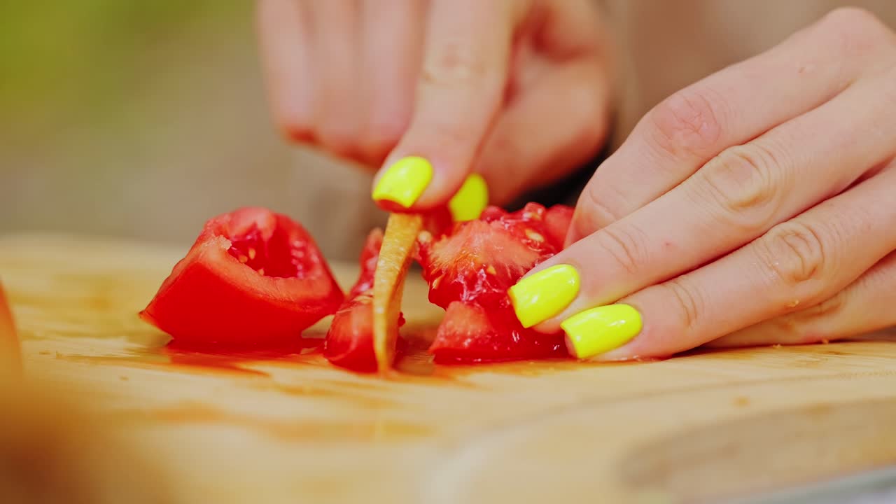 Bright nails slicing fresh tomato with biodegradable knife in summer forest