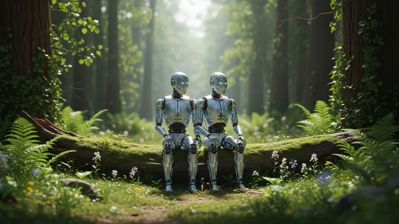 A Serene Moment in the Forest: Two Futuristic Robots Sit Together on a Mossy Log Surrounded by Lush Greenery and Vibrant Wildflowers, Capturing the Harmony of Nature and Technology