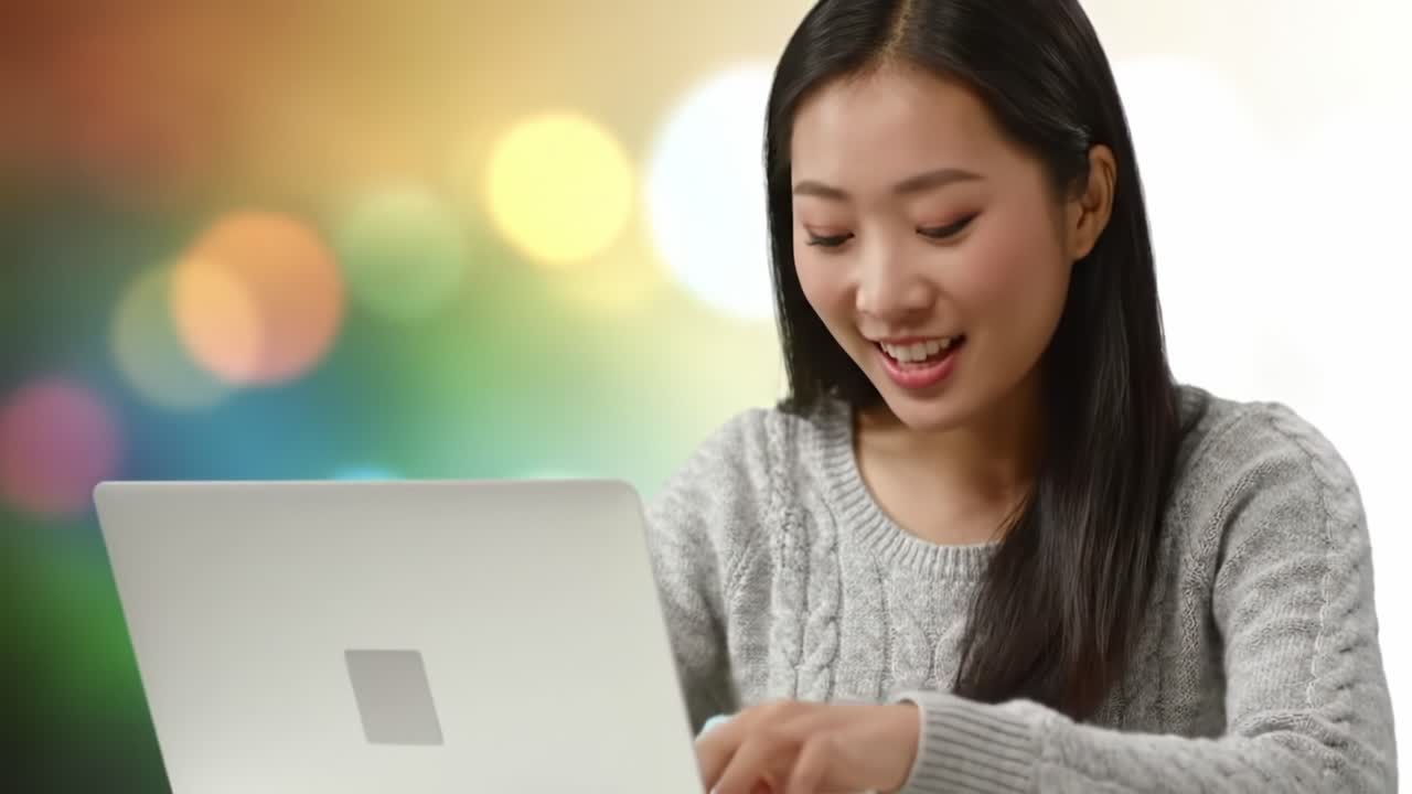 A Young Woman Engaged in Digital Learning on Her Laptop, Smiling and Enjoying the Moment Against a Colorful Blurred Background