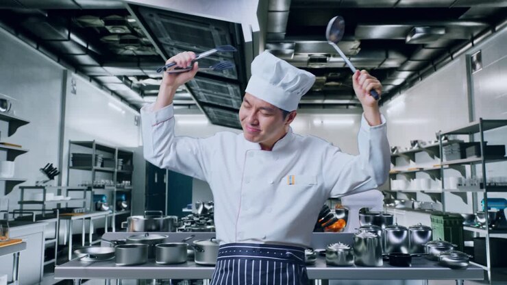 Chef che canta con utensili da cucina
