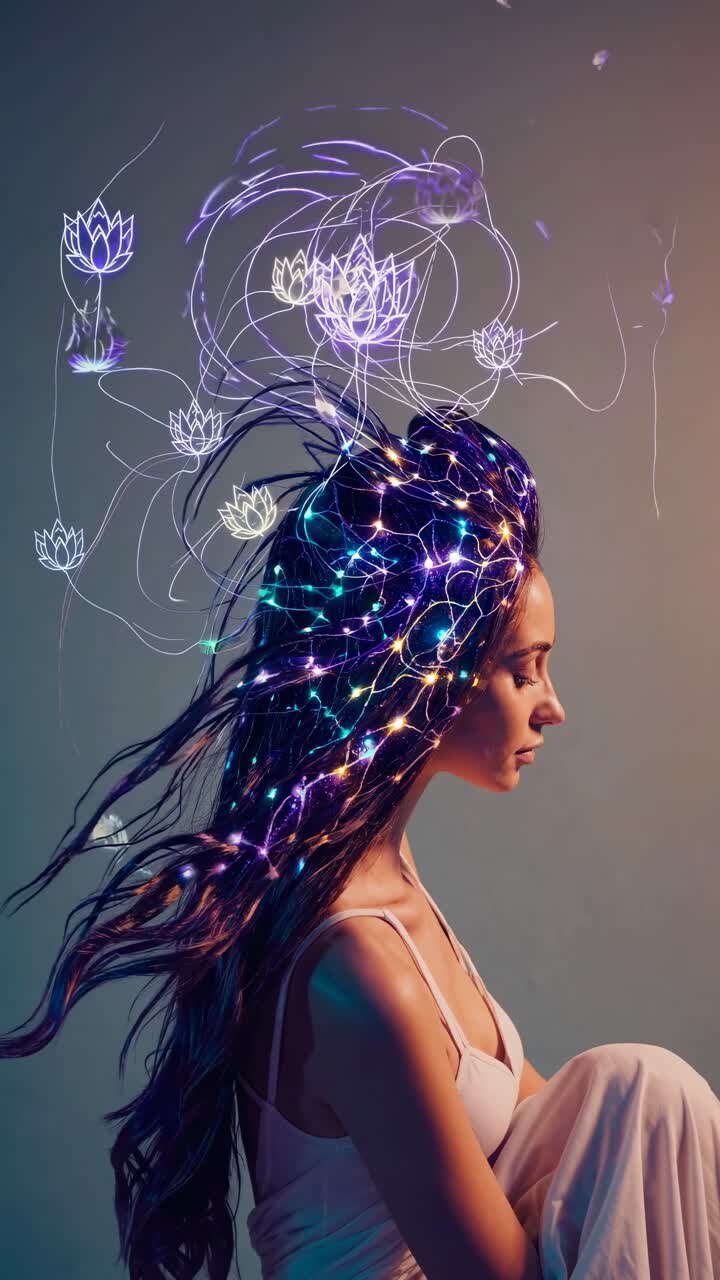 Side profile of a woman with glowing, animated floral designs in her hair, captured in a surreal