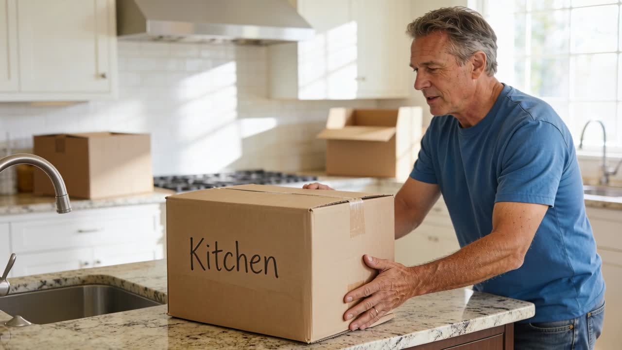 Bringing middle-aged man in blue tee and jeans placing Kitchen box on granite island for unpacking