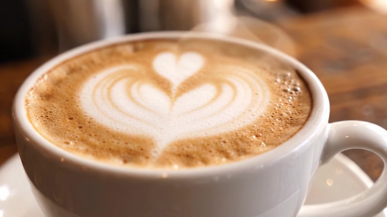Un Caffè Splendidamente Preparato con Latte Art a Forma di Cuore, che Mostra l'Arte in Ogni Sorso e la Ricca Consistenza Cremosa in Ogni Tazza, Perfetto per gli Amanti del Caffè