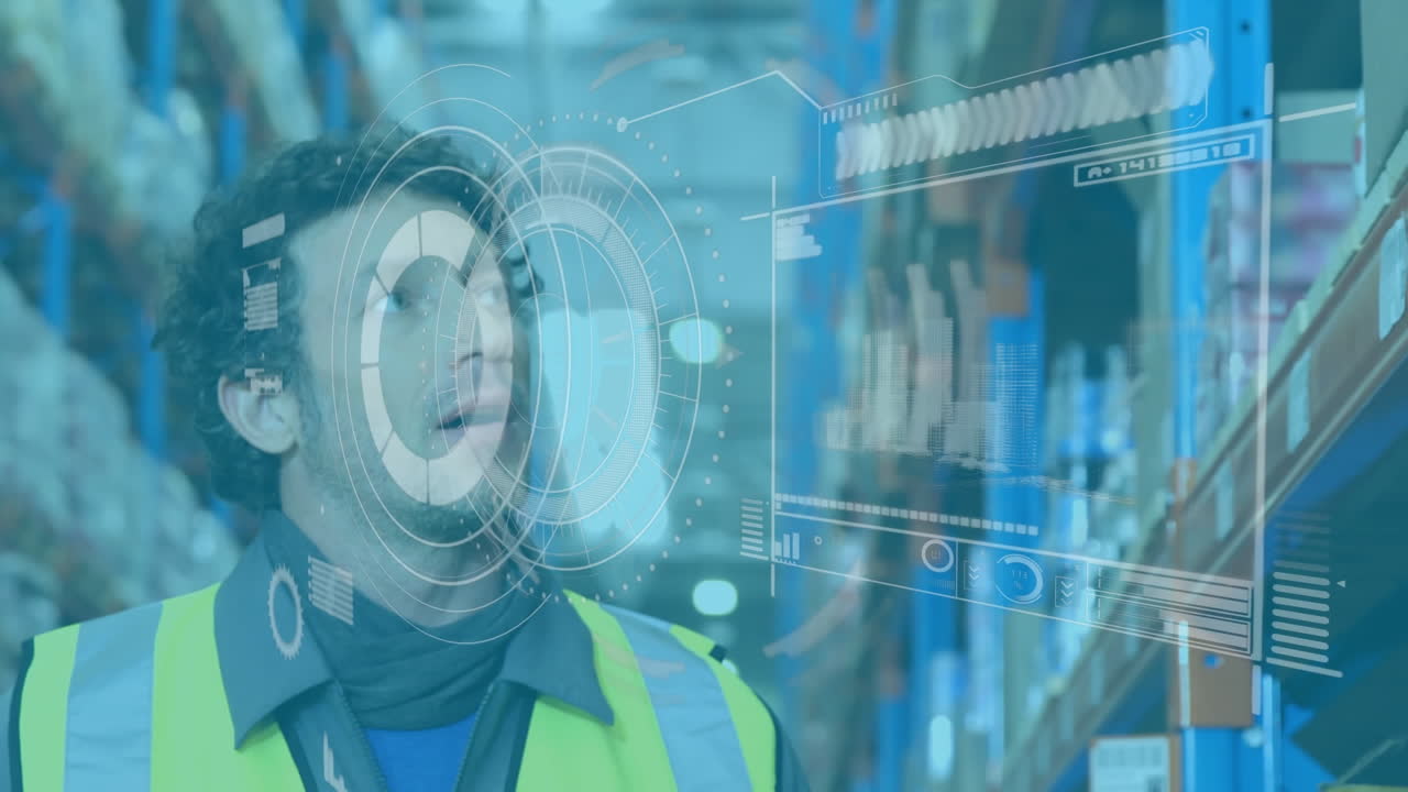 animación del procesamiento de datos financieros sobre el hombre que trabaja en el almacén