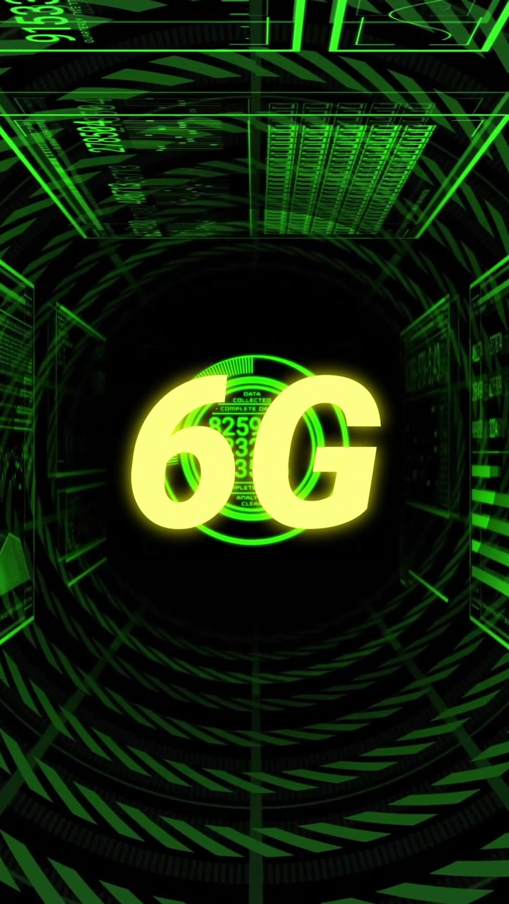 Animazione del testo 6G con dati digitali e grafica verde futuristica