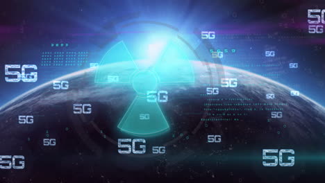 animation of digital earth with 5g text and radiation symbol in data visualization