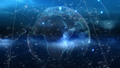 animación de flechas sobre números y puntos conectados alrededor del globo en un fondo abstracto