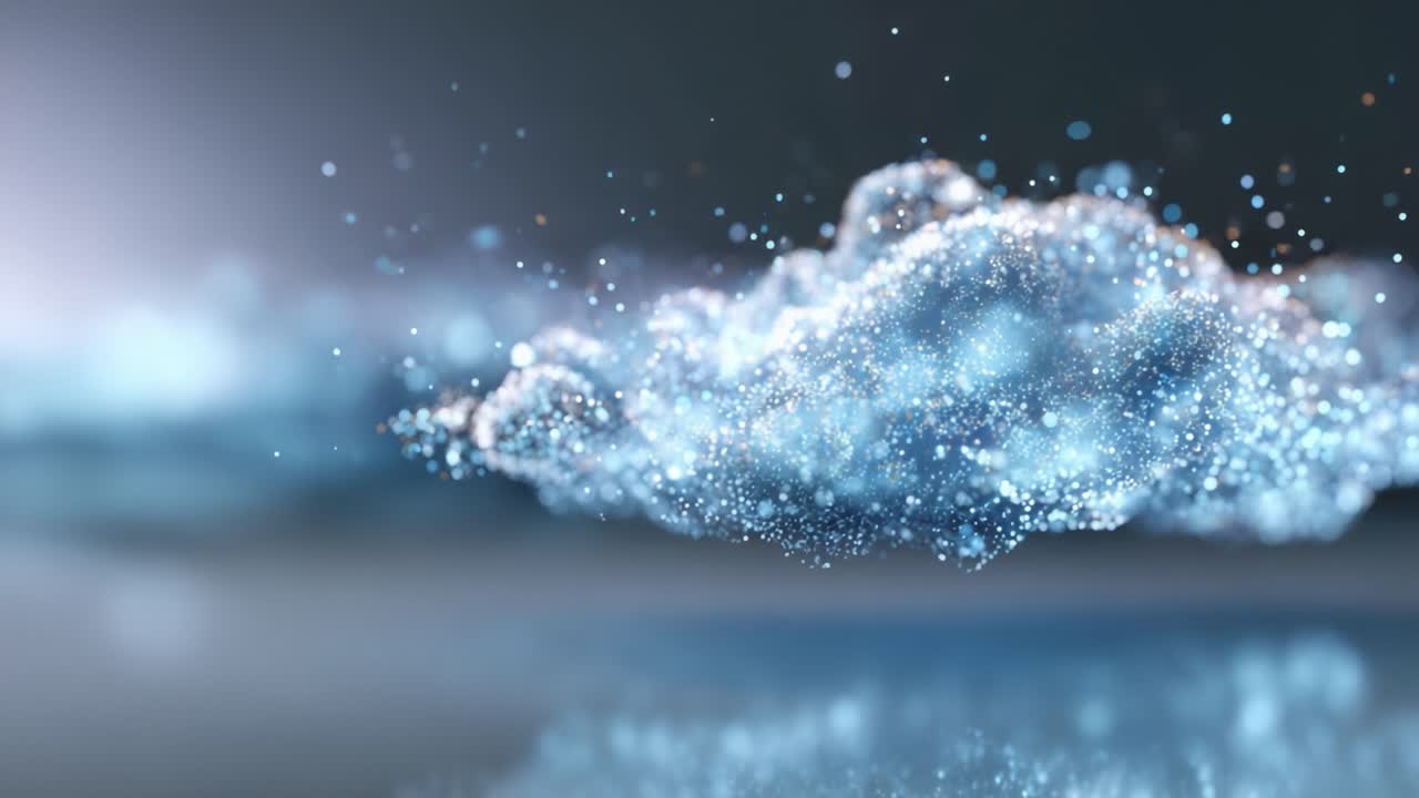 Una visualizzazione mozzafiato di una nuvola scintillante con particelle radiose che catturano la luce in una serena atmosfera digitale, riflettendo bellezza e tranquillità.