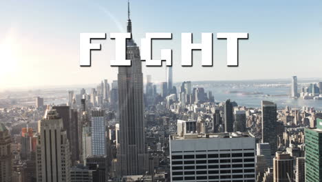 animation of fight text in white letters over cityscape background