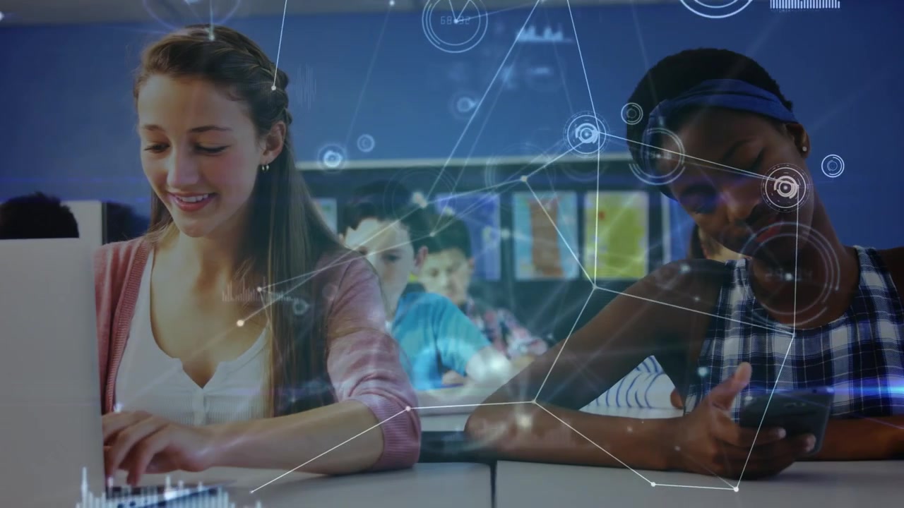 Network of connections over two diverse girls using laptop and smartphone in the class at school