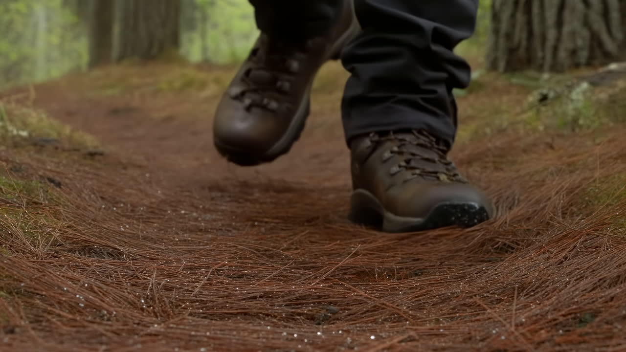 Botas de Caminhada em Trilha de Agulhas de Pinheiro, Close-up dos Passos do Caminhante no Chão da Floresta, Botas de Couro Marrom com Cadarços