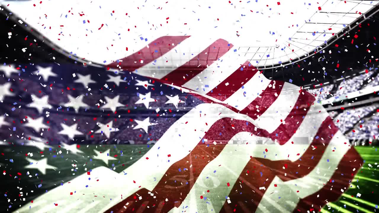 confeti colorido cayendo sobre nosotros bandera contra el estadio