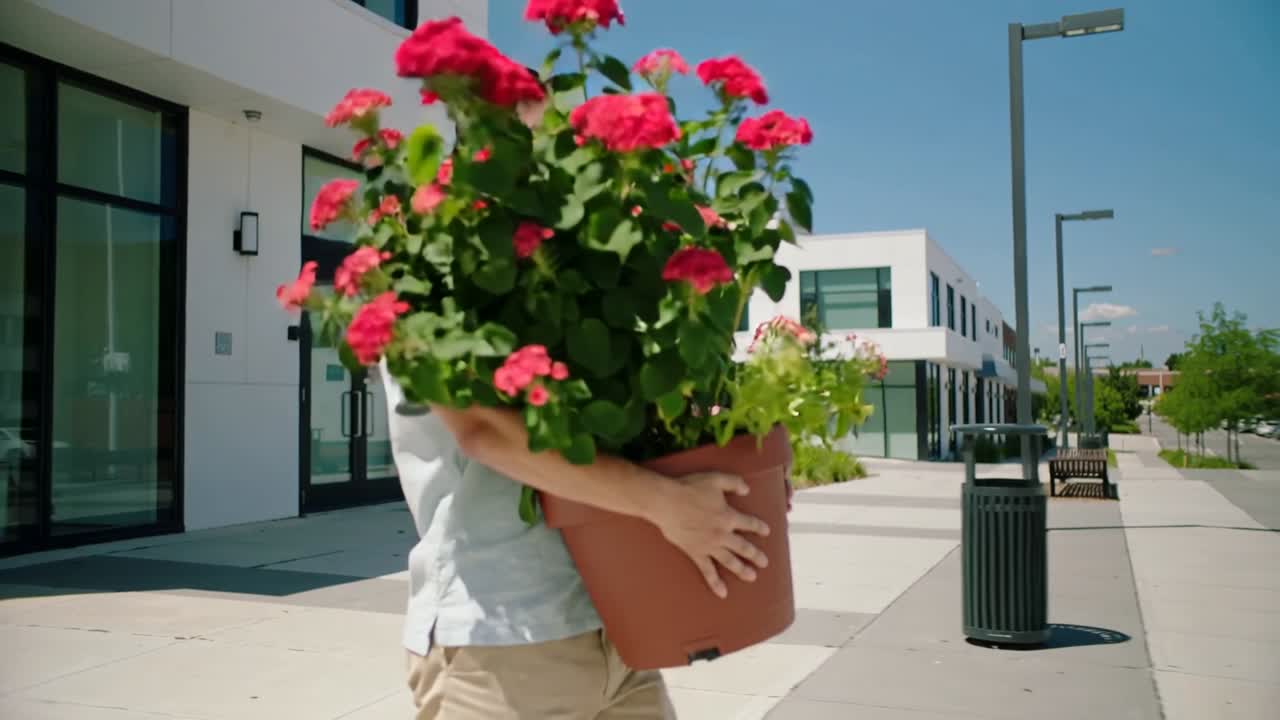 Exiting storefront, man in light shirt and khaki shorts carrying terracotta planter along promenade