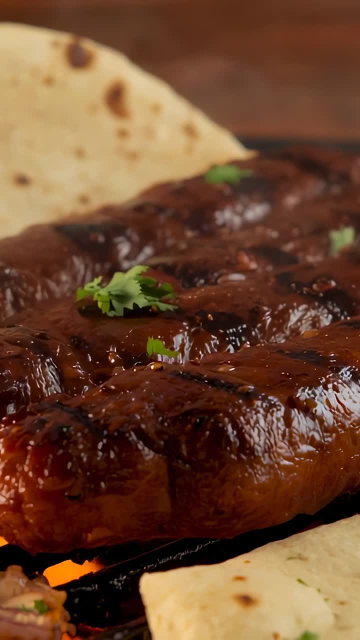 Vertical video: Sizzling sauced rib rack caramelizing on grill over embers, with cilantro, tortilla