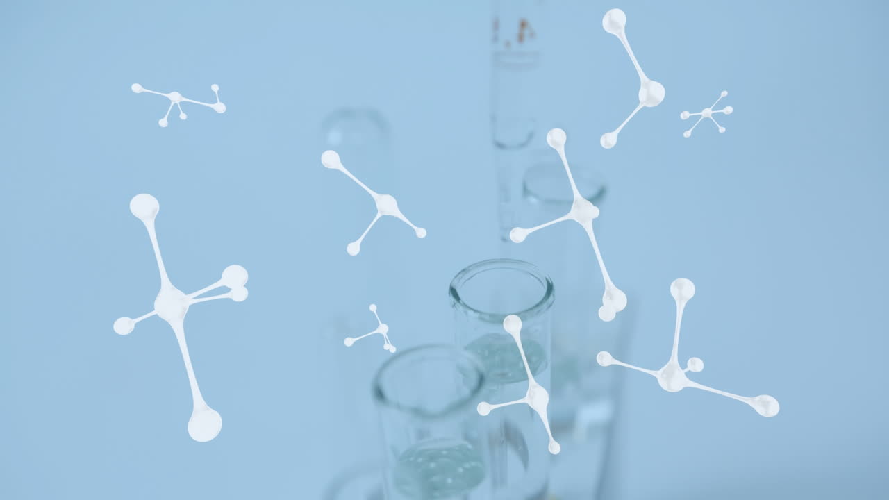 뉴클레오티드의 애니메이션과 추상적인 배경에 대한 액체 채워진 실험 튜브의 상상