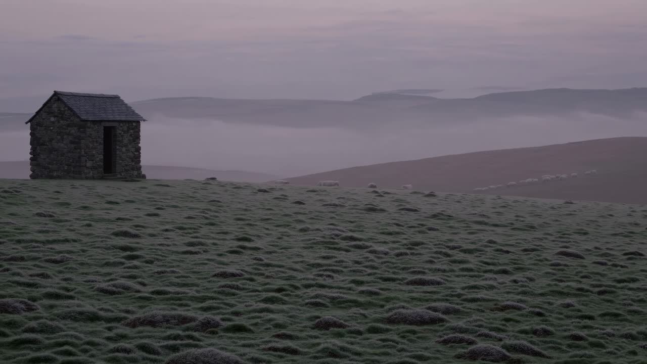 Misty Mountain Landscape with Stone Hut and Sheep