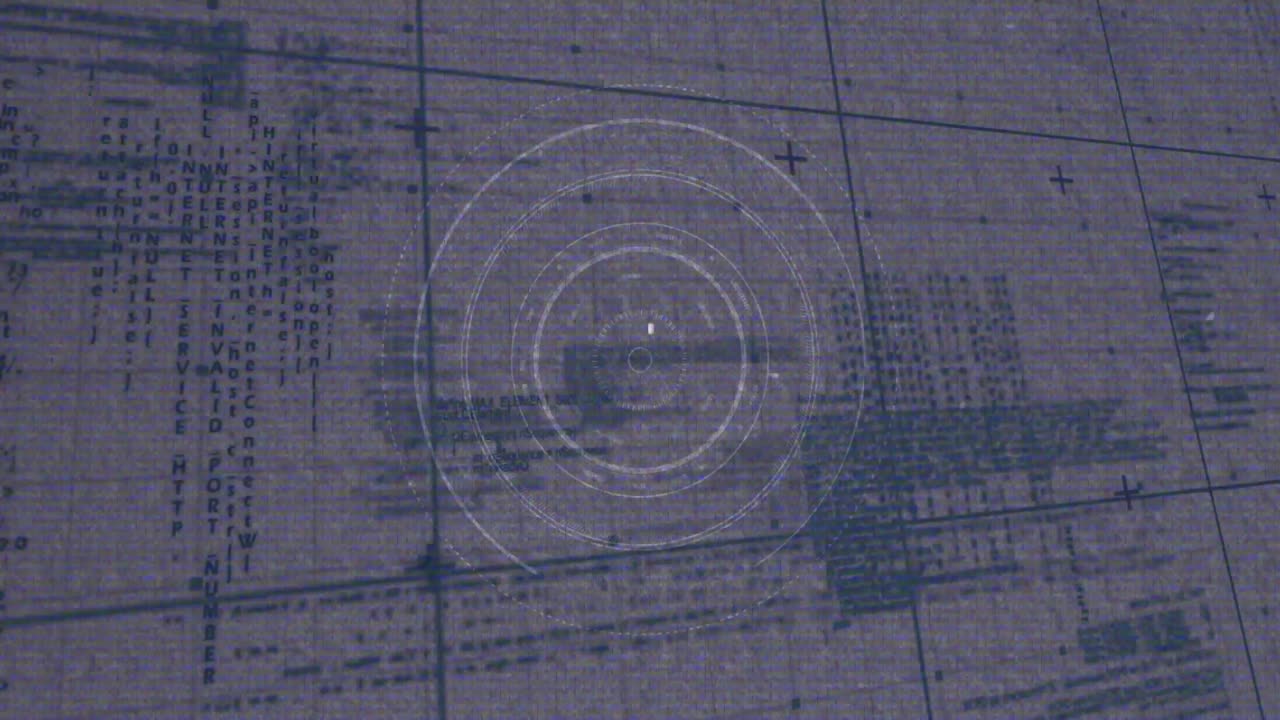 Overlay pulsing concentric scan rings after glitch flickering highlighting grid schematic interface