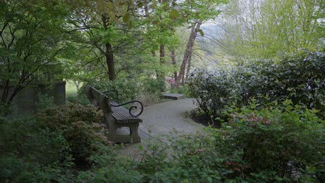 picturesque bench next to cobblestone path surrounded by vegetation in coal harbour park area, vancouver, british columbia, canada