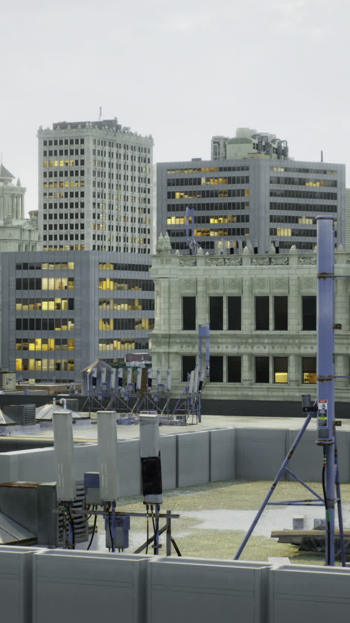 City skyline during twilight with antennas and rooftops visible